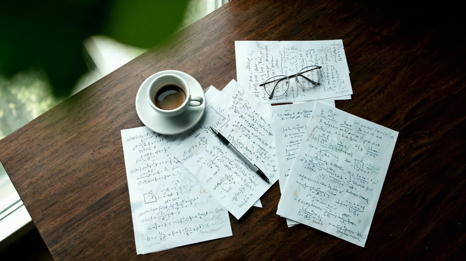 Academic papers spread on a desk, annotated in pencil