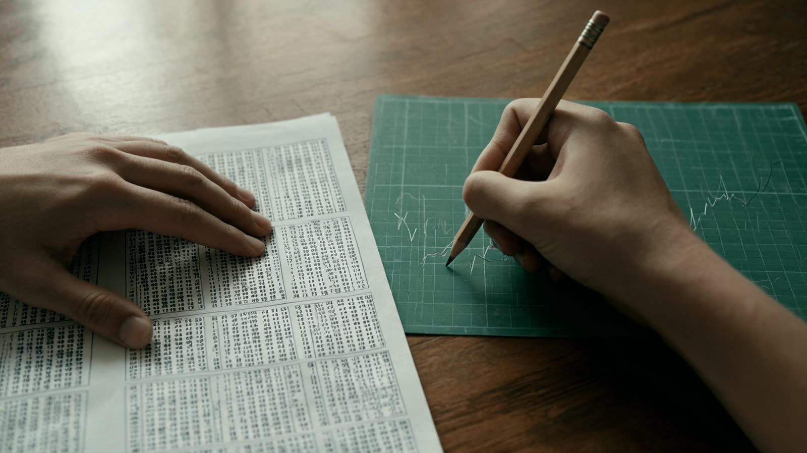 Hands annotating a printed table of numbers and sketching a price line in pencil