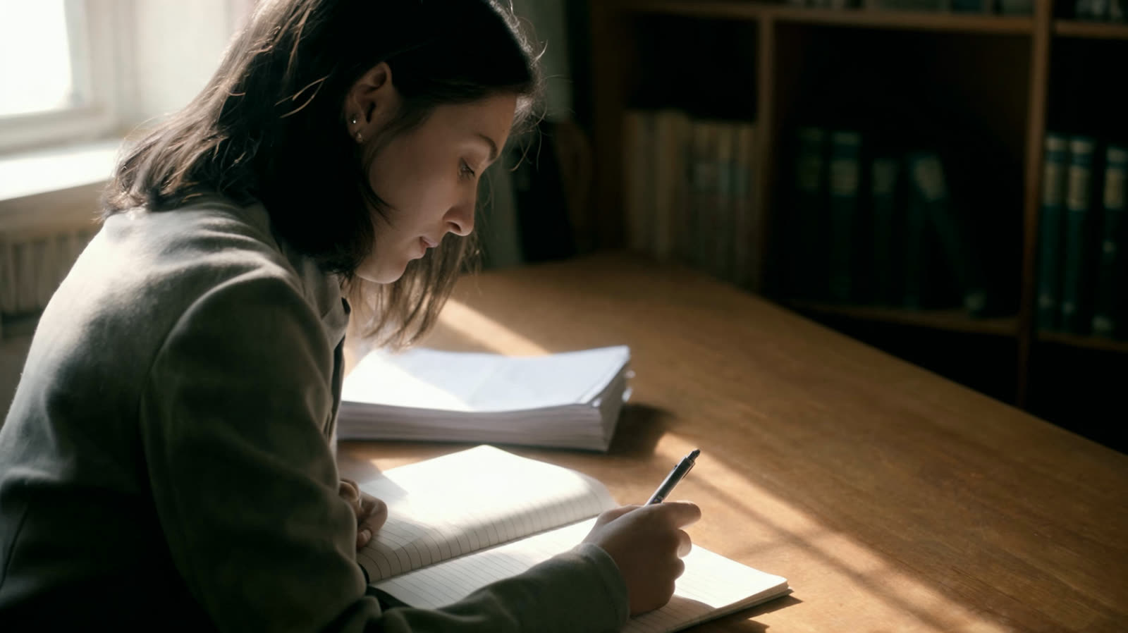 A researcher writing notes beside a stack of printed pages