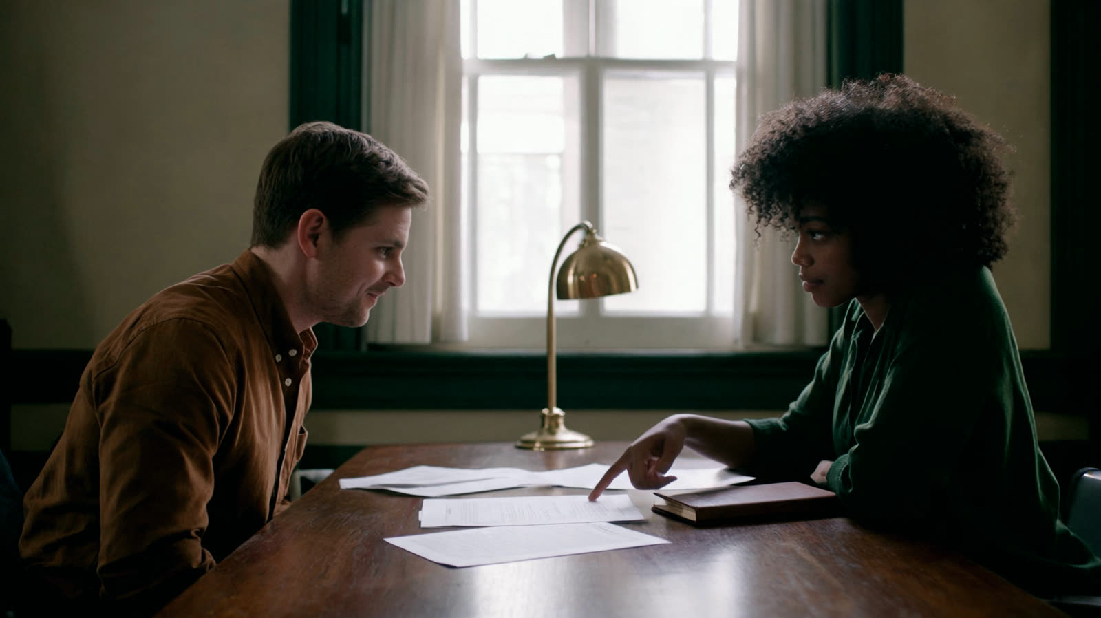 Two colleagues reading printed pages across a long wooden table